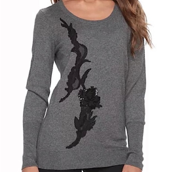 Apt. 9 Grey Black Sequin Lace Appliqué SZ S Cottagecore Romantic Casual Sweater - Picture 11 of 12